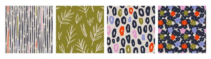 Set of Abstract contemporary seamless pattern with hand drawn flower shapes, spots, dots and lines with textures. Vibrant boho print. Modern collage illustration vector