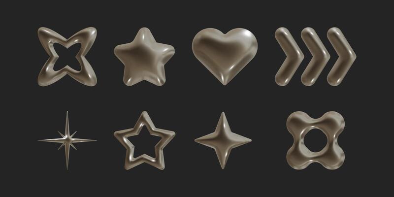 Set of Y2k geometric 3D render bronze shapes trendy retro futuristic design elements, infographic shapes. Modern concept with symbols and objects, star, heart illustration for UI and UX