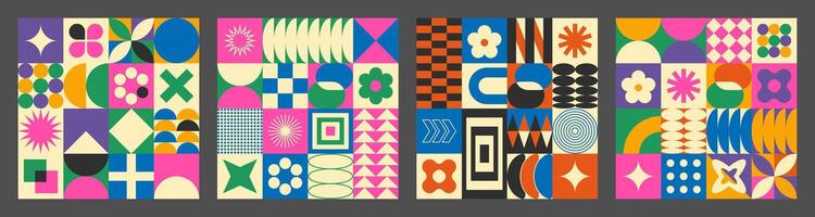 Abstract simple geometric seamless pattern with figure, form, shapes, circle and lines in Bauhaus style. Vibrant grunge geometry brutalism y2k 2000s print. Modern collage illustration vector