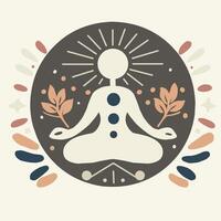 Round yoga illustration with plants and graphic elements. Concept of concentration, tranquility and harmony. Yogi in lotus pose icon. Colourful vector