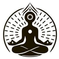 A circular illustration of yoga with graphic elements. Concept of concentration, tranquility and harmony. Yogi in lotus pose. Black and white vector