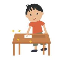 Boy wiping a table. Clean and shiny table. Cleaning. vector