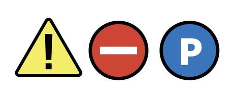 Set of caution and warning exclamation icon, stop sign and parking sign icons. vector