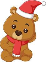 Cute bear with red scarf and Santa hat cheerfully poses vector