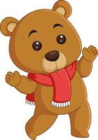 Cute bear with red scarf smiles warmly in snow vector