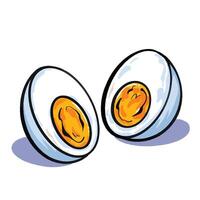 Sliced in half boiled egg food illustration isolated on square white background. Flat cartoon art styled drawing. vector