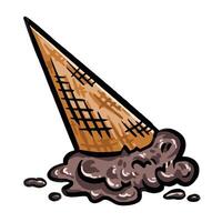 Fallen and melting chocolate ice cream cone illustration isolated on square white background. Simple flat cartoon art styled drawing. vector