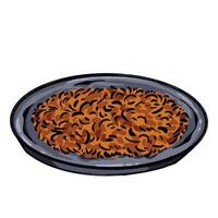 Beef floss on round dark gray plate food illustration isolated on square white background. Simple flat abon sapi cartoon art styled drawing. vector