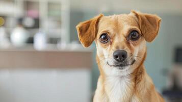 Small dog in an office, receiving routine preventive care, office pet wellness, health check photo