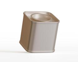 Tea tin square metal texture packaging on gray background 3D render illustration photo
