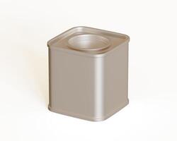 Tea tin square metal texture packaging on gray background 3D render illustration photo