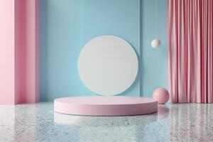 Pink podium with circle backdrop on pastel blue background for product placement. Minimalist geometric shape platform. photo