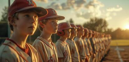 Young Baseball Players in Uniform Standing in Line on a Field at Sunset photo