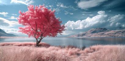 Pink Tree By The Lake On A Sunny Day photo