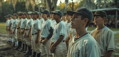 Young Baseball Players in Uniform Standing in Line on a Field at Sunset photo