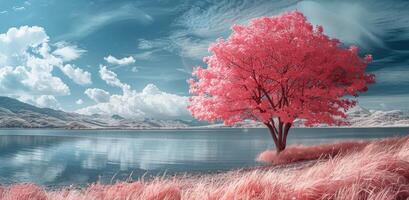 Pink Tree By The Lake On A Sunny Day photo