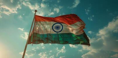Indian Flag Waving in the Wind at Sunset photo