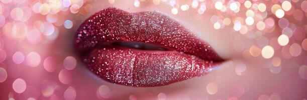 Close Up Of Red Lips With Glitter Against A Blurred Pink Background photo
