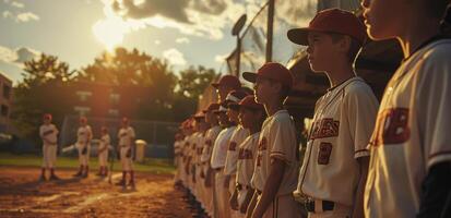 Young Baseball Players in Uniform Standing in Line on a Field at Sunset photo