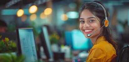 Smiling Customer Service Representative Wearing Headset in Office photo