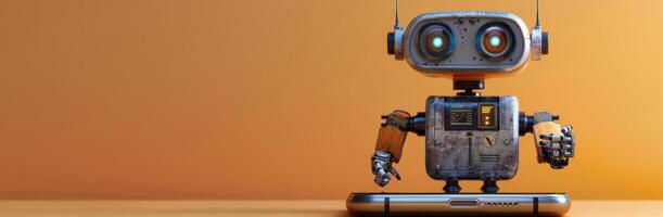 A Vintage Robot Posing on a Smartphone Against an Orange Background photo