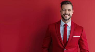 Man in Red Suit Smiling Against a Red Background photo