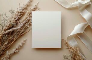White Card Mockup With Dried Pampas Grass and Sunlight Shadows photo