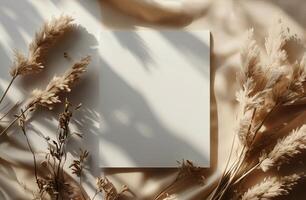 White Card Mockup With Dried Pampas Grass and Sunlight Shadows photo