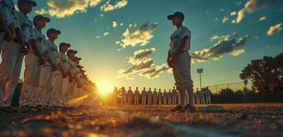 Young Baseball Players in Uniform Standing in Line on a Field at Sunset photo
