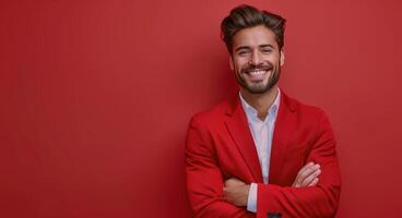 Man in Red Suit Smiling Against a Red Background photo