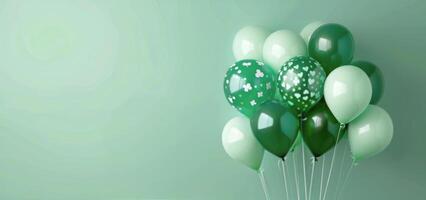 Green Balloons With Shamrock Patterns Against A Green Wall photo