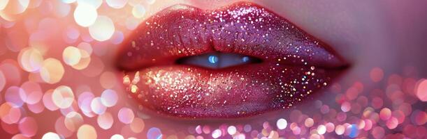 Close Up Of Red Lips With Glitter Against A Blurred Pink Background photo