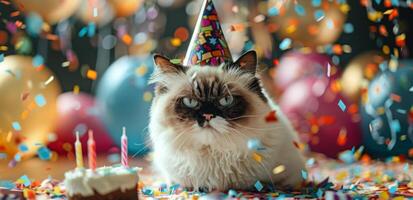 Festive Cat Wearing A Party Hat Surrounded By Confetti photo