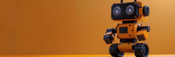 A Vintage Robot Posing on a Smartphone Against an Orange Background photo