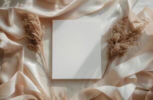 White Card Mockup With Dried Pampas Grass and Sunlight Shadows photo