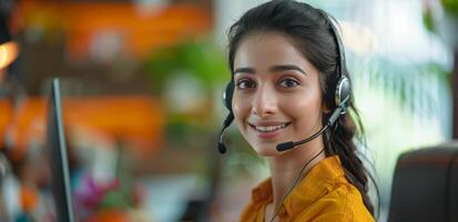 Smiling Customer Service Representative Wearing Headset in Modern Office photo