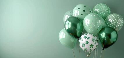 Green Balloons With Shamrock Patterns Against A Green Wall photo