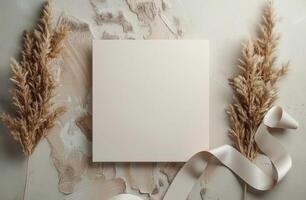 White Card Mockup With Dried Pampas Grass and Sunlight Shadows photo