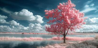 Pink Tree By The Lake On A Sunny Day photo
