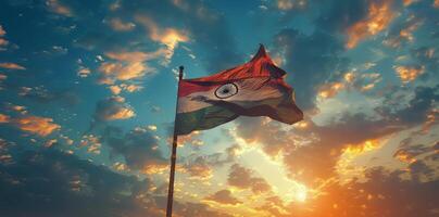 Indian Flag Waving in the Wind at Sunset photo