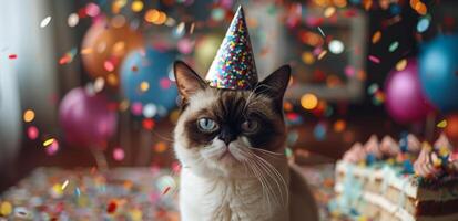 Festive Cat Wearing A Party Hat Surrounded By Confetti photo