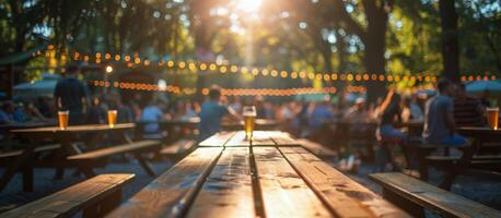 Empty Wooden Picnic Table at a Sunny Outdoor Gathering photo