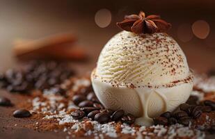 Creamy Vanilla Ice Cream With Chocolate Drizzle and Star Anise photo