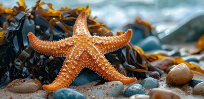 Orange Starfish on a Rocky Beach With Seaweed at Sunset photo