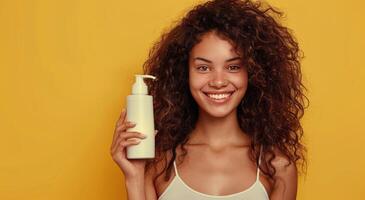 Smiling Woman Holding Lotion Bottle Against Yellow Background photo