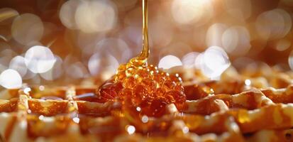 Golden Syrup Drizzling on Waffles With Bokeh Background photo