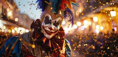 Costumed Jester Smiles Amidst Confetti During Festive Nighttime Parade photo