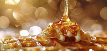 Golden Syrup Drizzling on Waffles With Bokeh Background photo