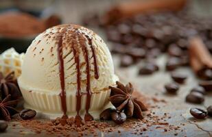 Creamy Vanilla Ice Cream With Chocolate Drizzle and Star Anise photo