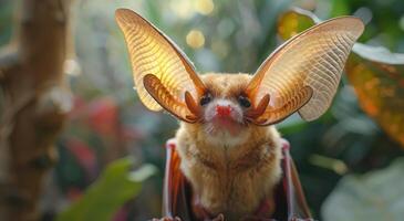 Brown Bat With Large Ears Perched On Rocks photo